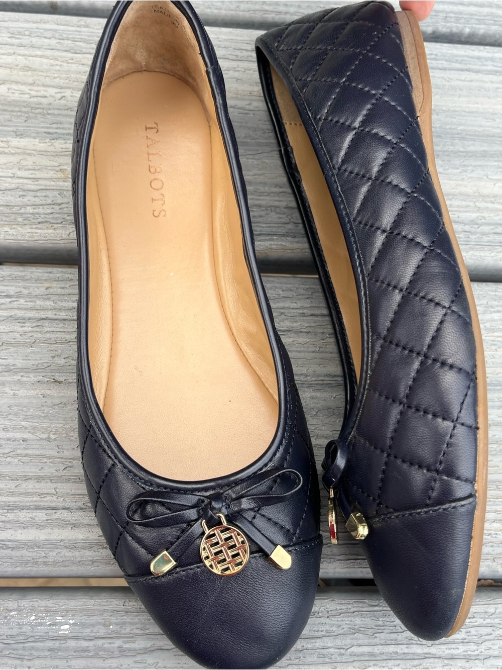 Talbots Quilted Navy Leather Ballet Flats with Gold Charm Size 9